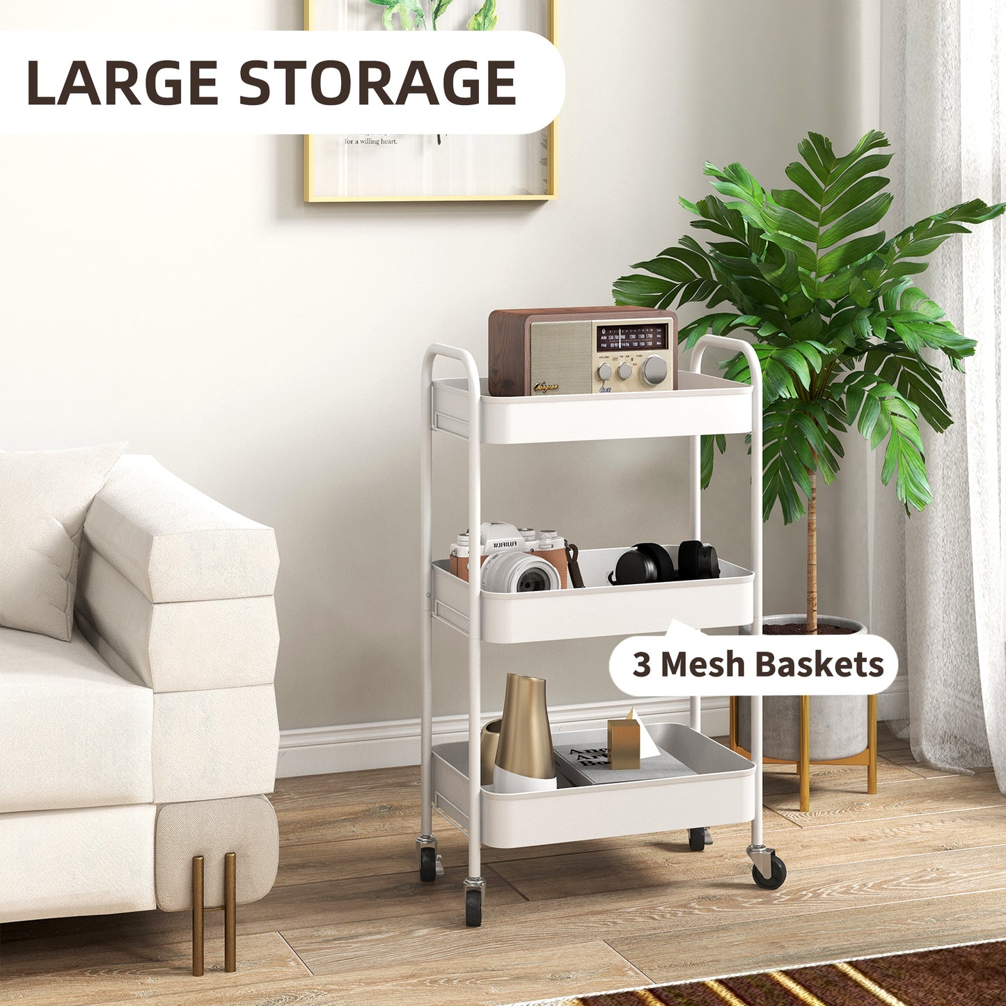 HOMCOM Three Tier Steel Storage Trolley White Rolling Cart With Small Medium Large Baskets Home Organization
