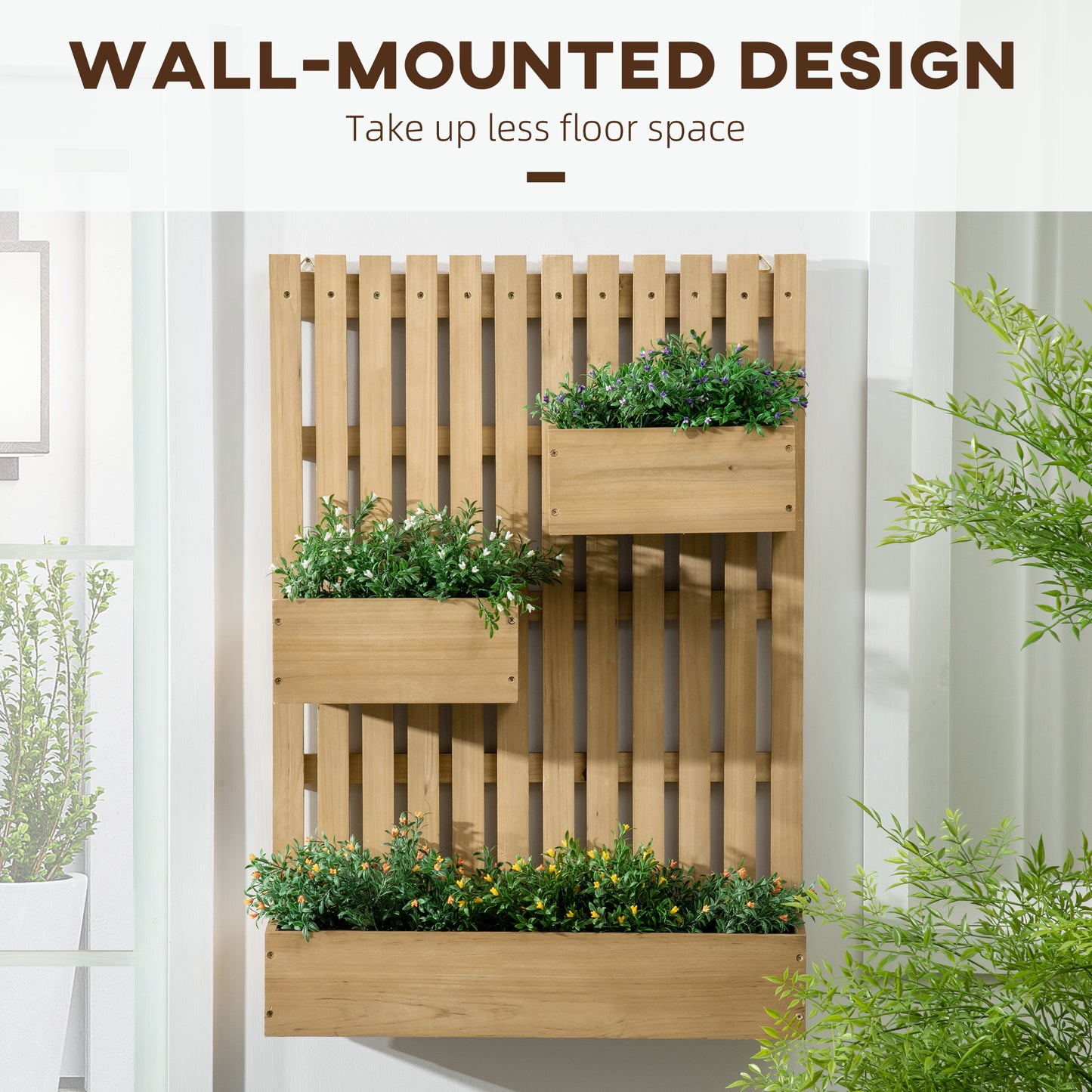 Outsunny Wooden Wall-Mounted Planter with Trellis and Movable Boxes - Outdoor Garden Bed for Patios, Natural Finish - ALL4U RETAILER LTD