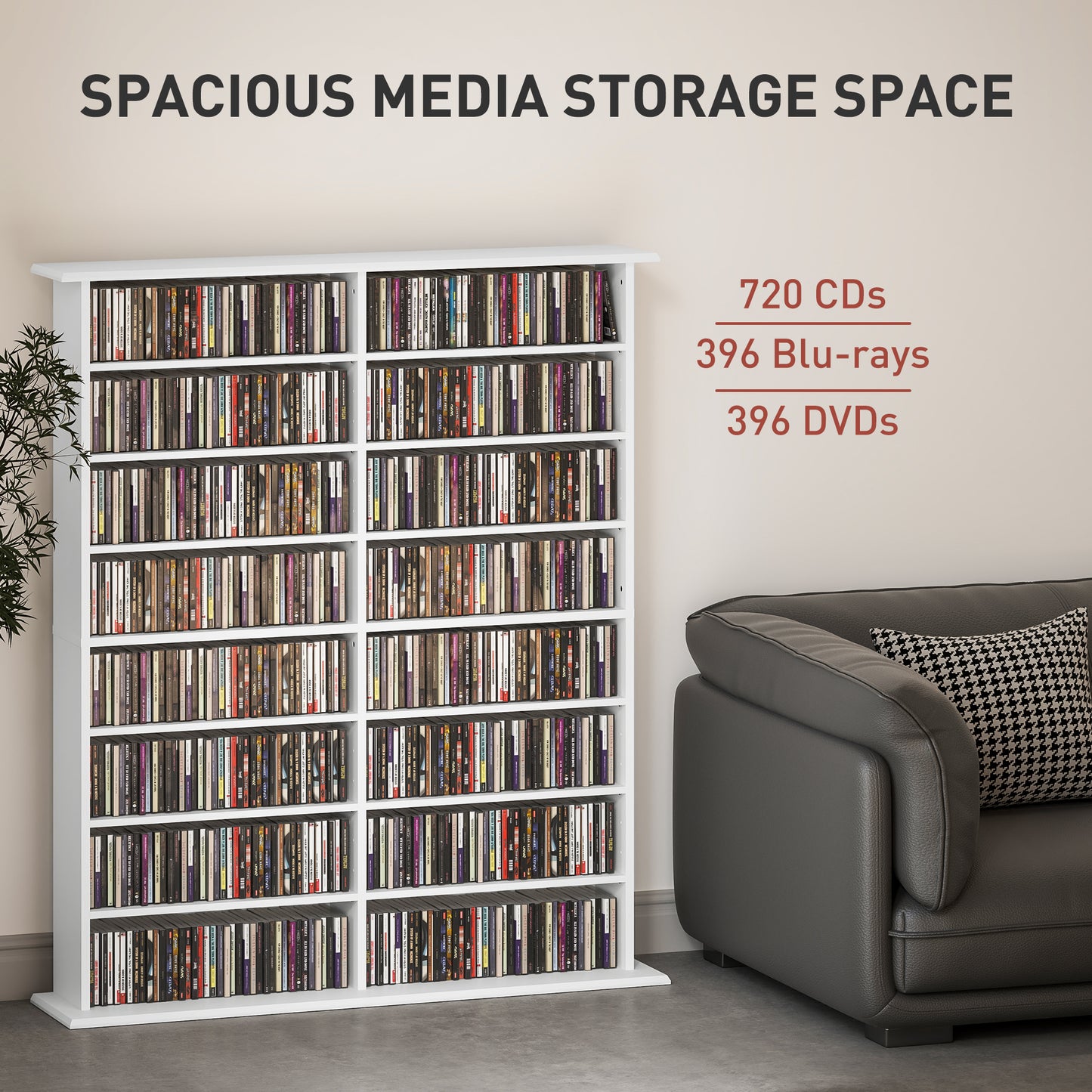 HOMCOM 16 Compartment White Media Shelf With 12 Adjustable Shelves For CDs DVDs Blu Rays Wall Straps Included