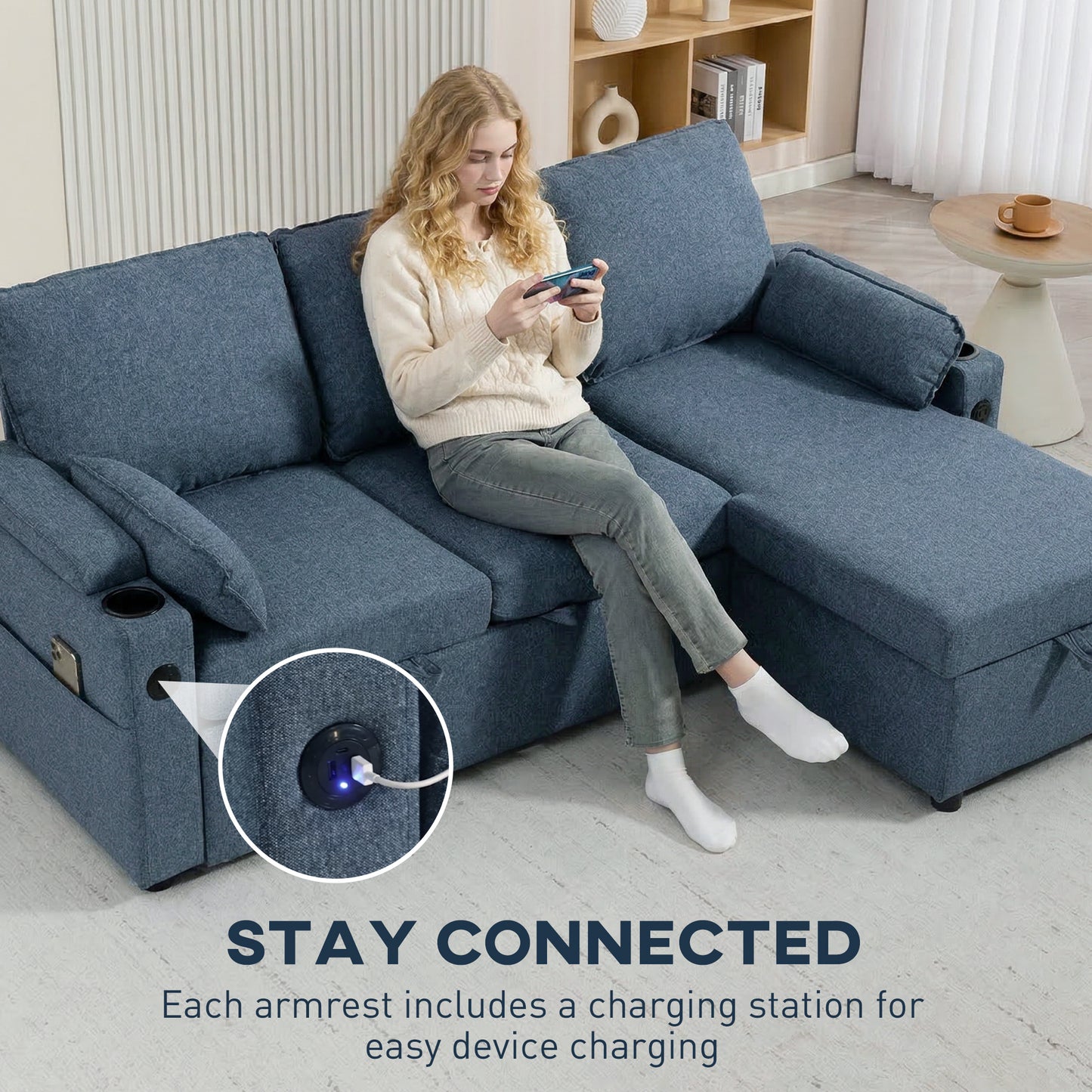 HOMCOM Corner Sofa Bed L Shaped Sleeper Sectional Sofa With Reversible Storage Chaise Blue