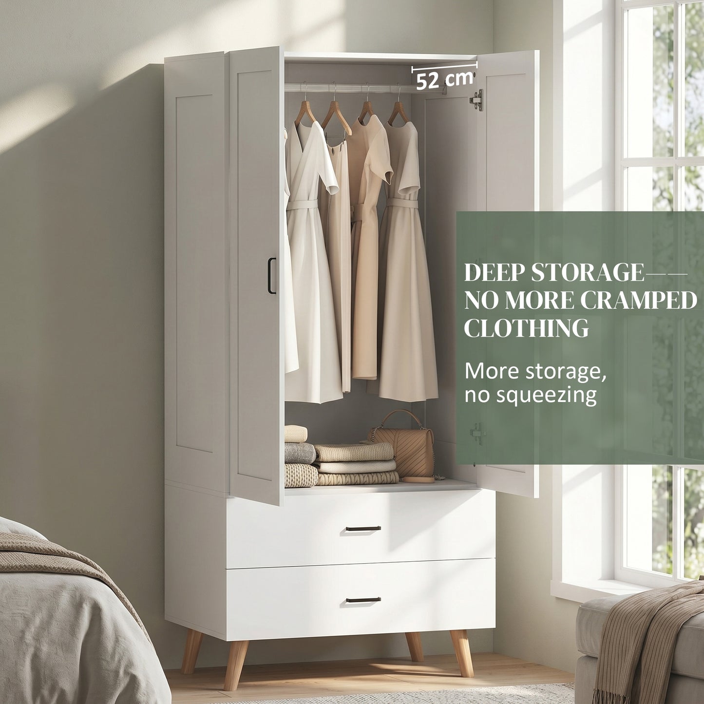 HOMCOM 2 Door Wardrobe With 2 Drawers And Hanging Rail In White For Bedroom Storage