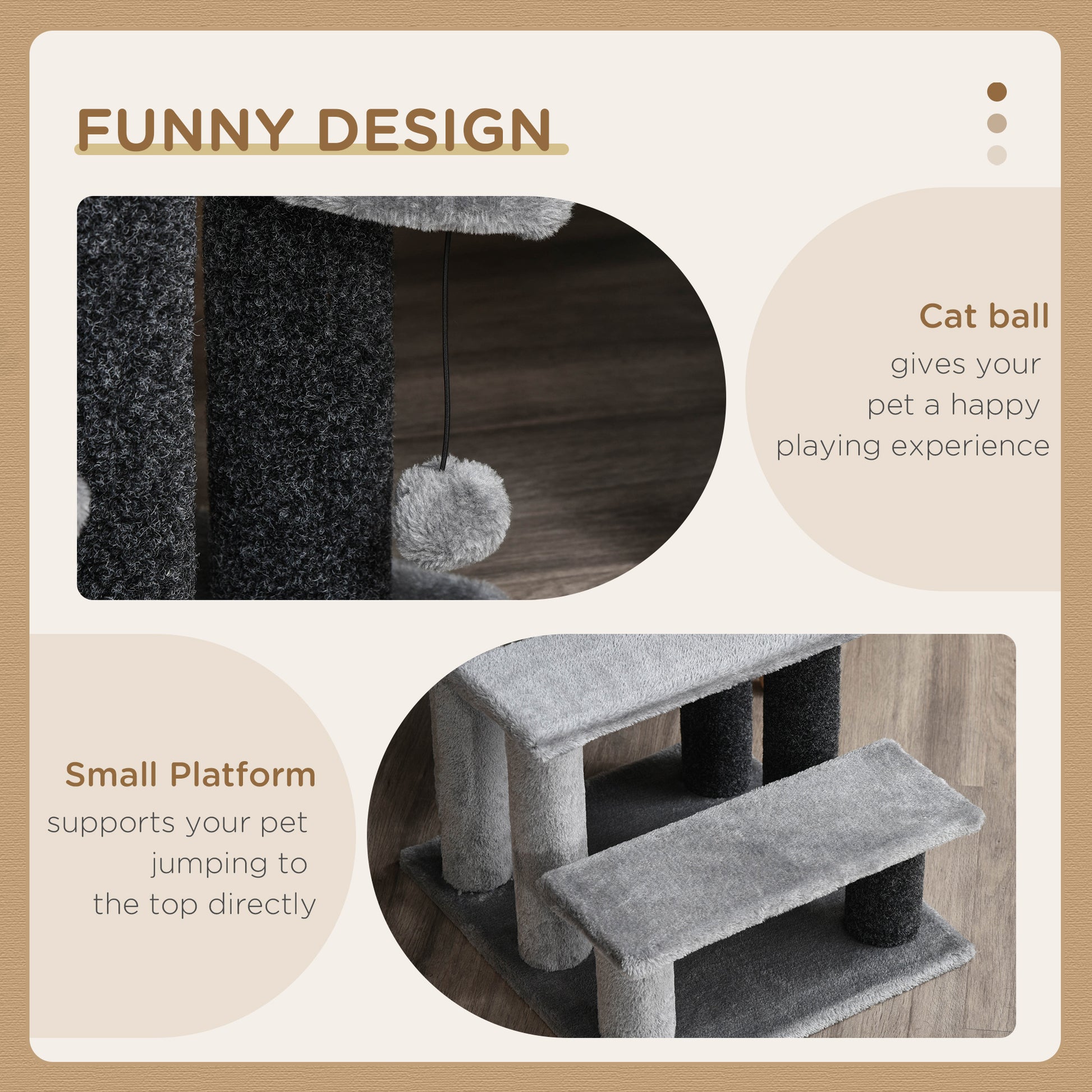 PawHut Grey 3-Step Cat Stairs with Scratch Posts, Play Platform, and Toy Ball - ALL4U RETAILER LTD