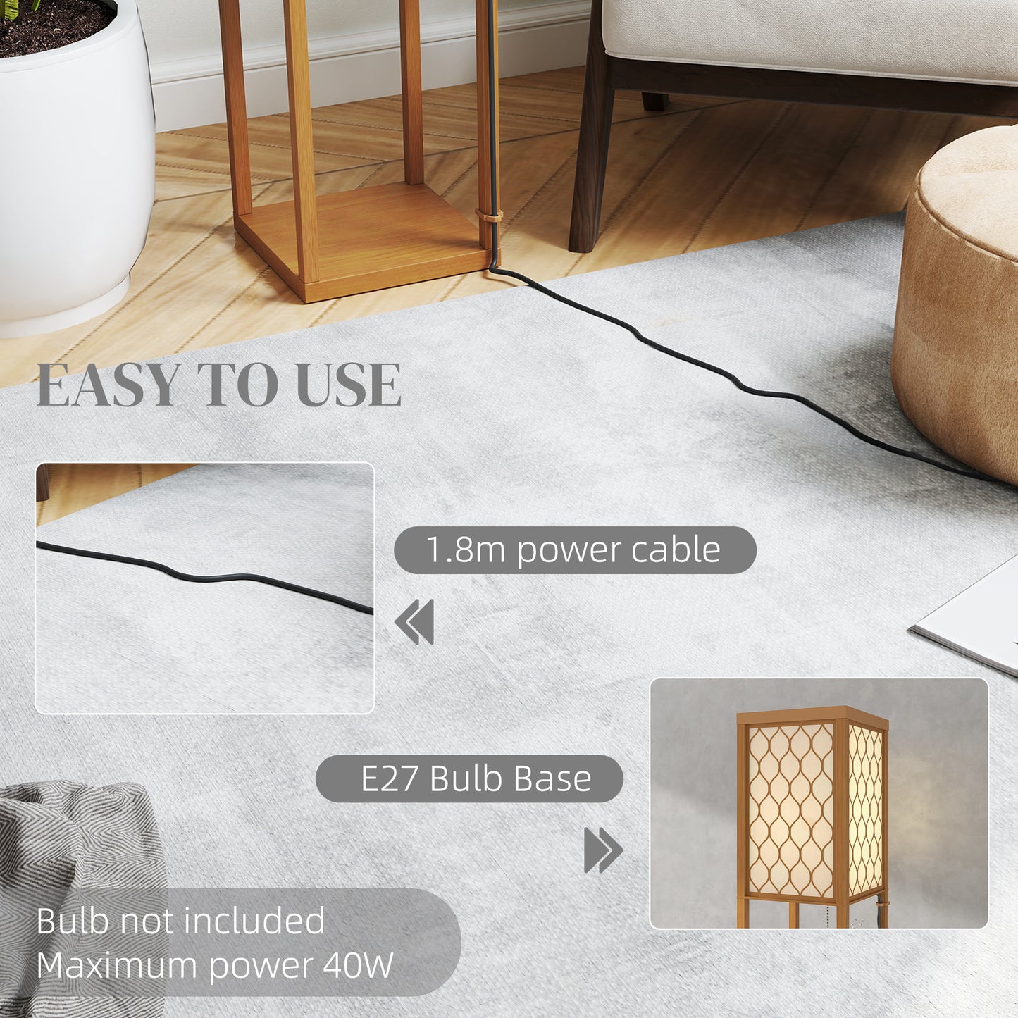 HOMCOM Three Shelf Standing Lamp Natural Wood Finish Tall Narrow Design With Overhead Reading Light And Storage