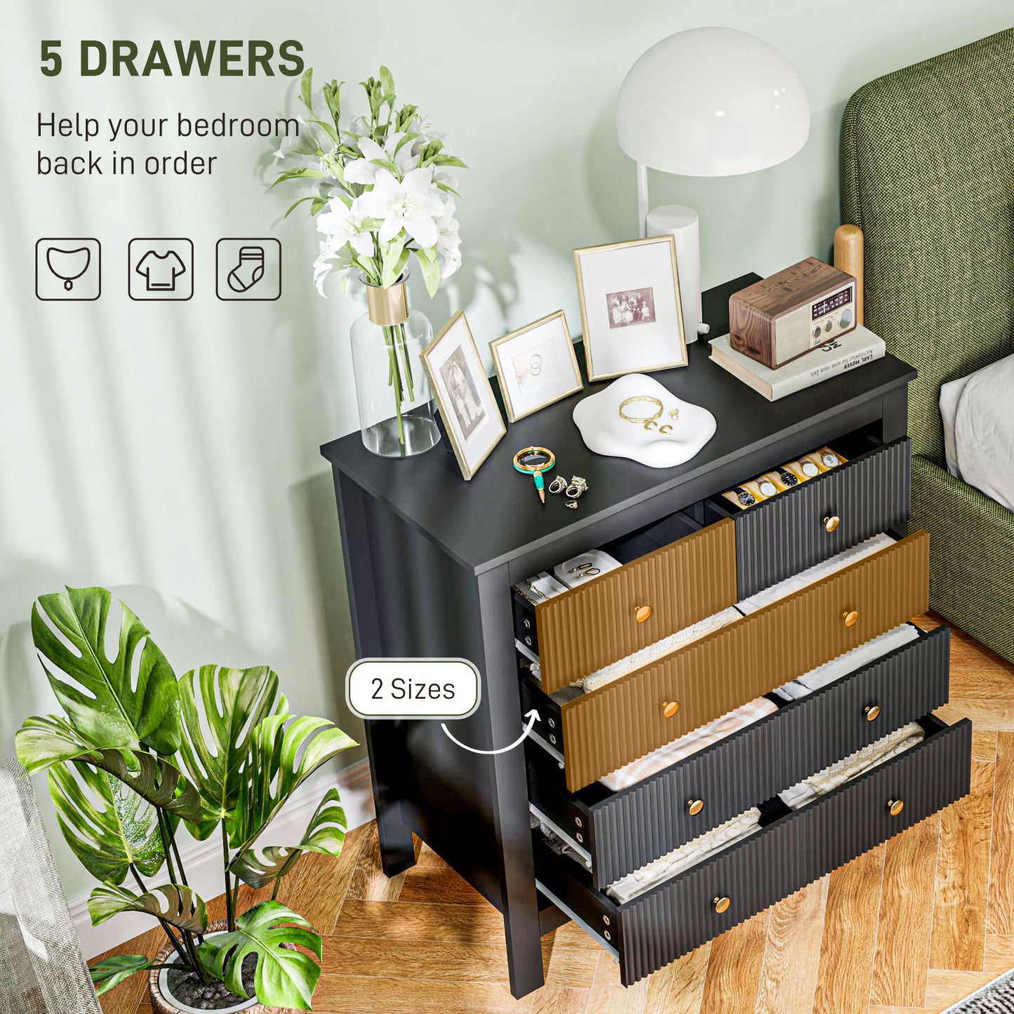 HOMCOM Five Drawer Chest Of Drawers In Black With Ridged Fronts And Gold Handles