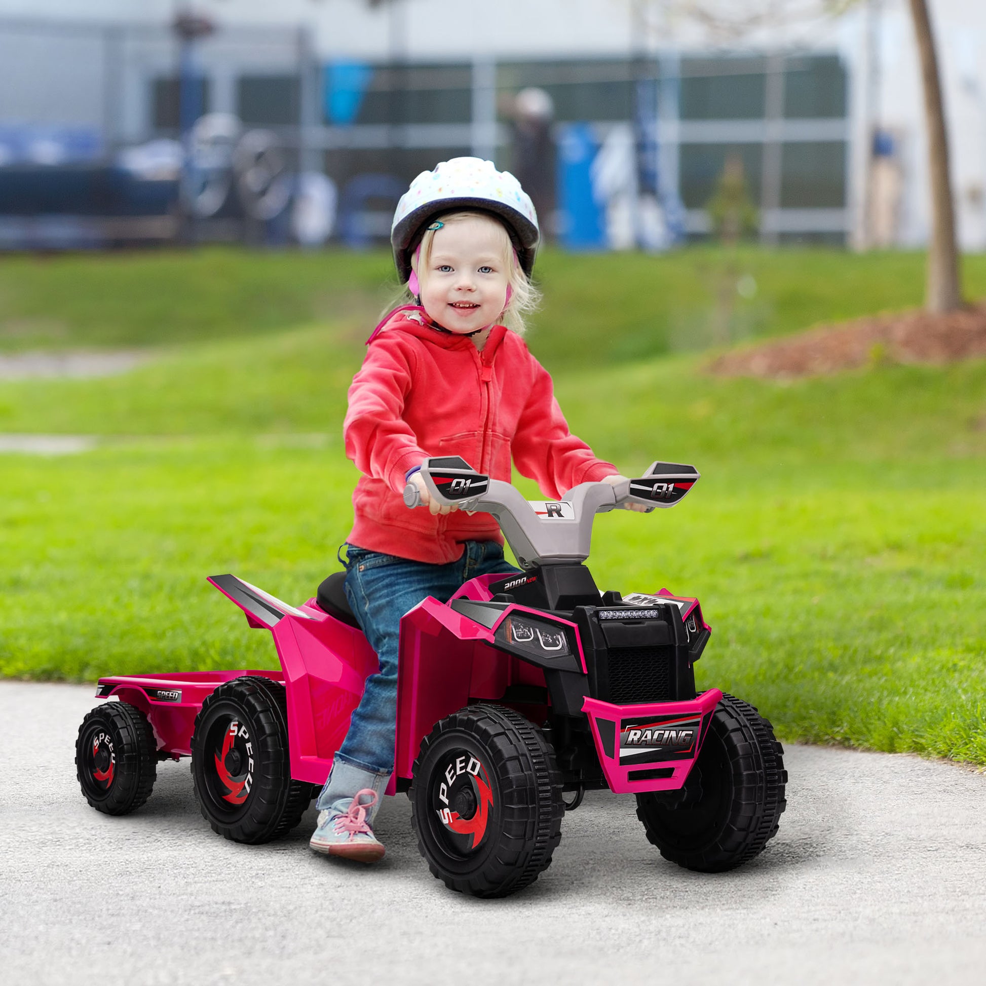 HOMCOM 6V Pink Quad Bike with Back Trailer, Wear-Resistant Wheels for Ages 18-36 Months - ALL4U RETAILER LTD