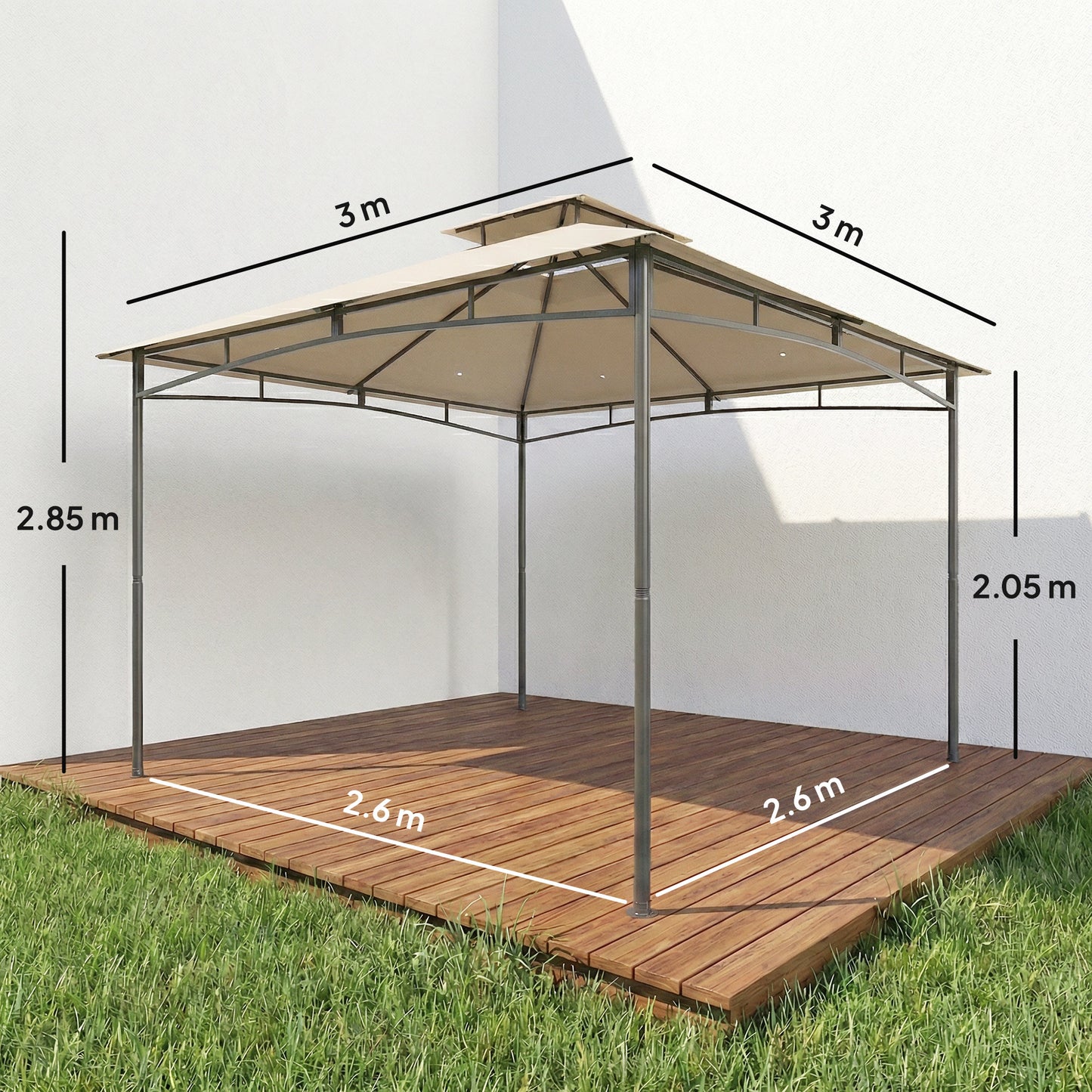 Outsunny 3 x 3 m Gazebo With 2 Tier Roof Khaki Powder Coated Metal Frame Weatherproof 180 GSM Polyester