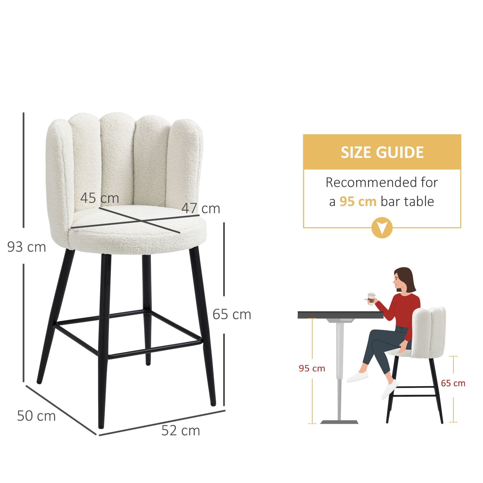 HOMCOM Set of 2 Modern Faux Cashmere Bar Stools with Backs and Footrest - Cream Upholstered Kitchen Chairs - ALL4U RETAILER LTD