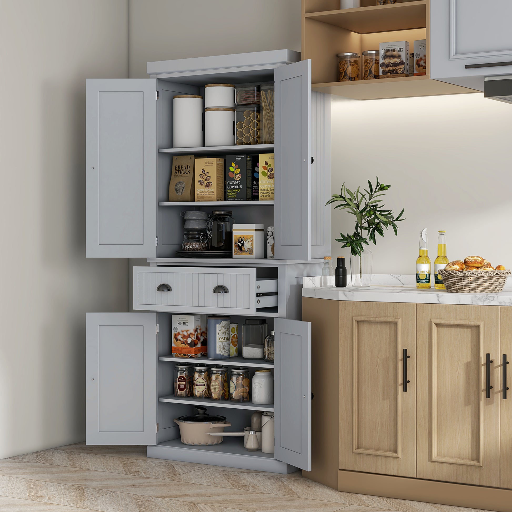 HOMCOM Grey Freestanding Kitchen Storage Cabinet with Adjustable Shelves and Drawer - ALL4U RETAILER LTD