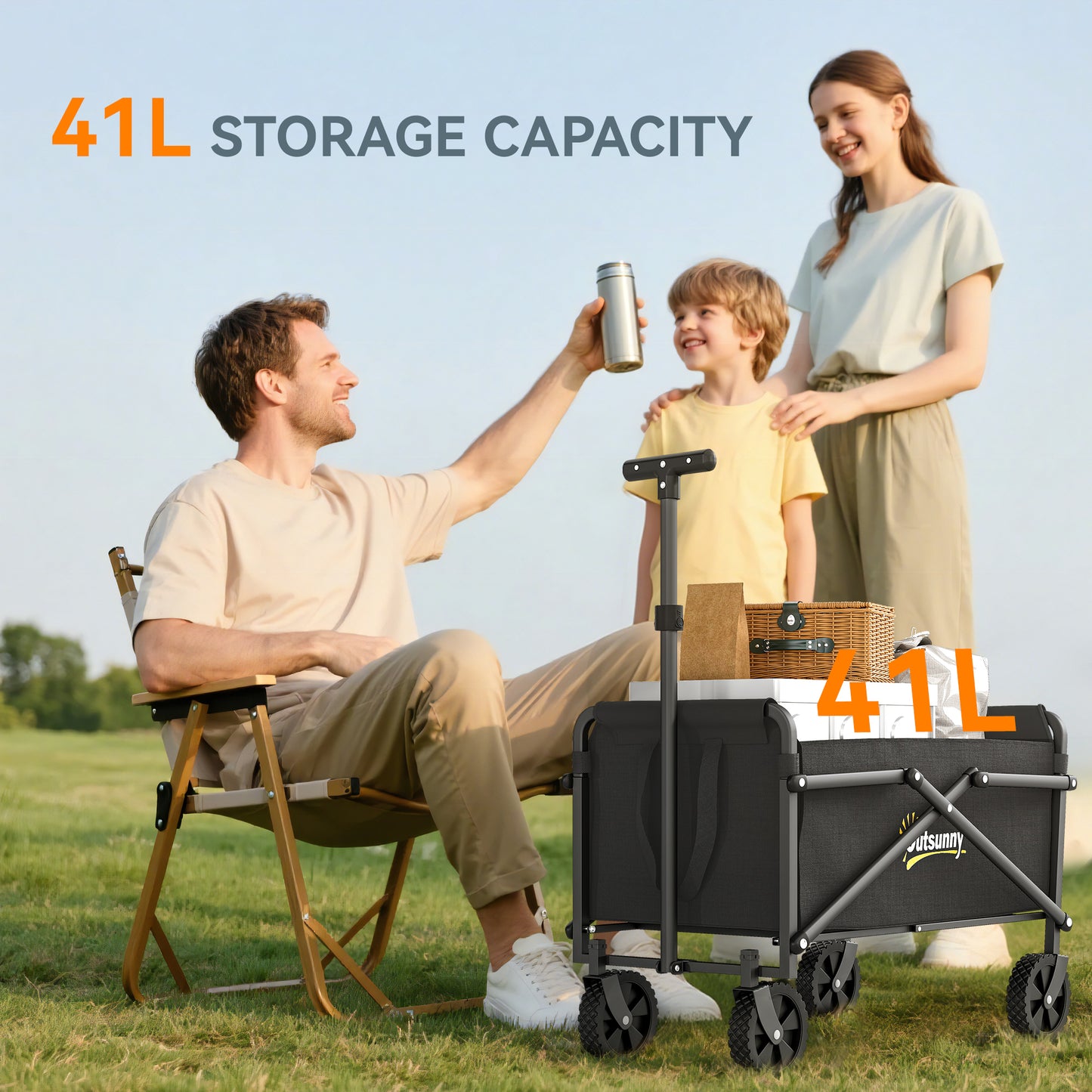 Outsunny 41L Trolley On Wheels Folding Wagon With 60kg Capacity Adjustable Handle Carrying Bag Beach Camping Black