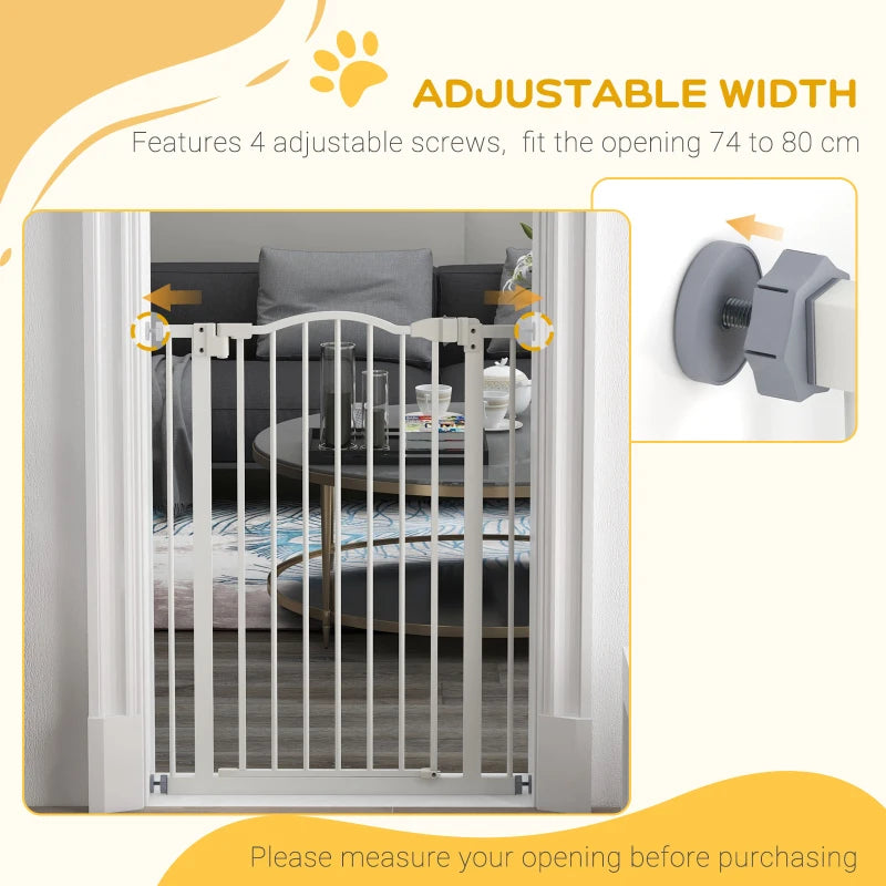 PawHut Pressure Fit Dog Stair Gate - No Drilling Safety Gate with Auto Close for Doorways and Hallways - Adjustable 74-80cm Width, 94cm Height - White - ALL4U RETAILER LTD