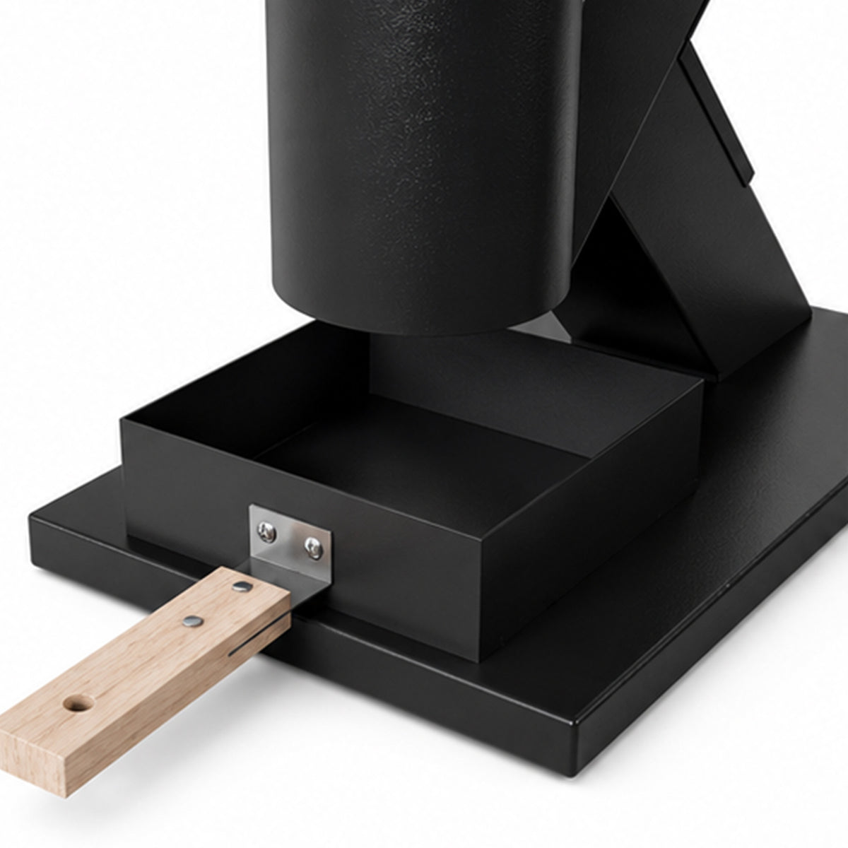 Black wood pellet heater base with ash pan and hinged hopper compartment