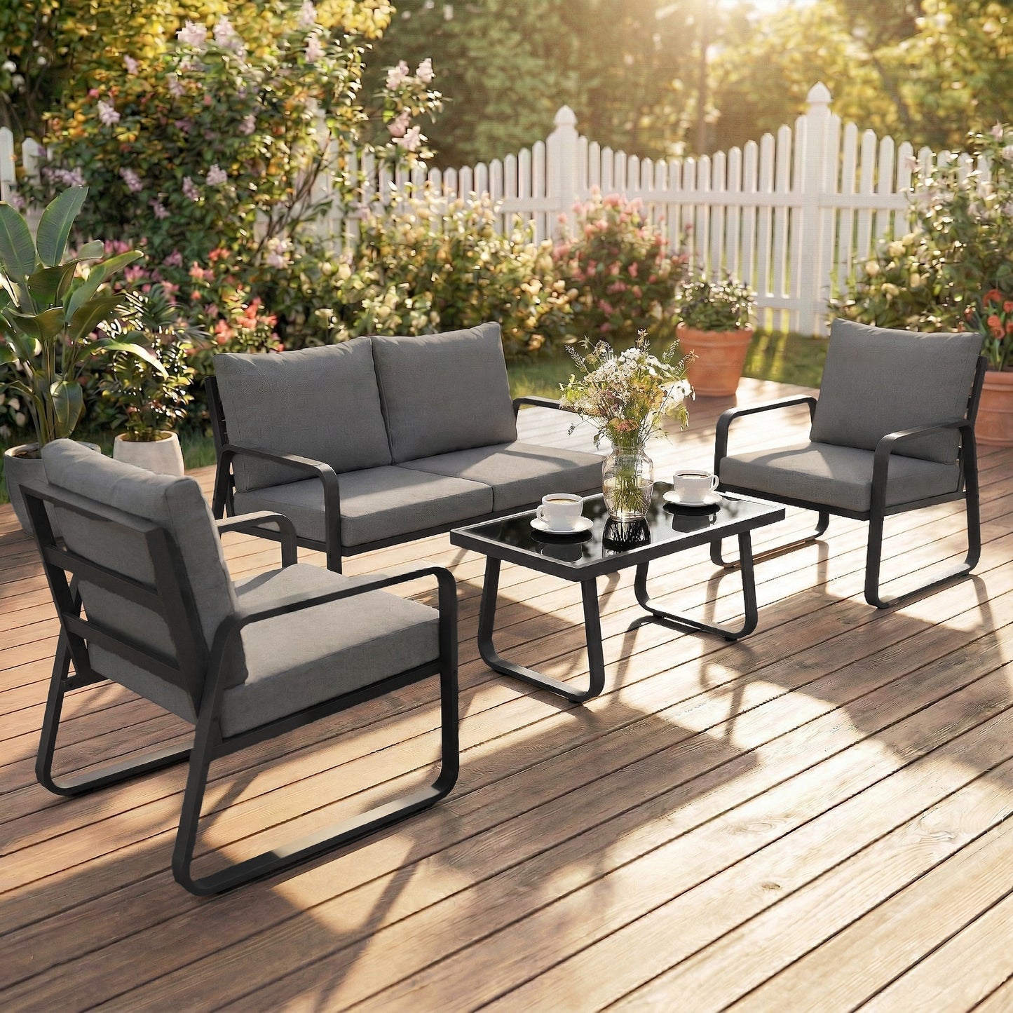 Outsunny 4 Piece Garden Furniture Set Outdoor Sofa Set Loveseat Armchairs Coffee Table Cushions All Weather