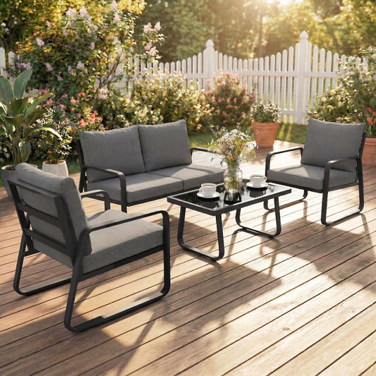 Outsunny 4 Piece Garden Furniture Set Outdoor Sofa Set Loveseat Armchairs Coffee Table Cushions All Weather