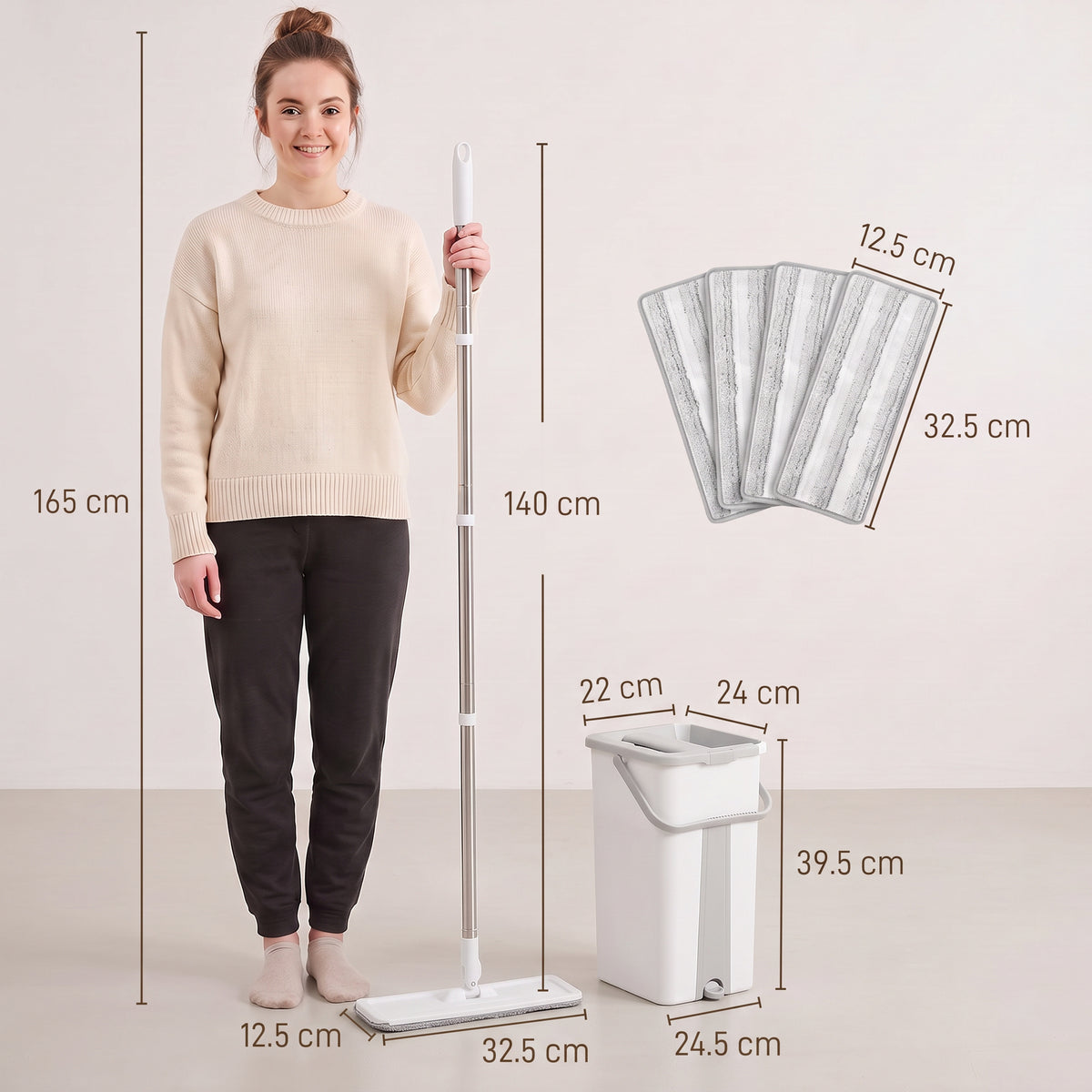 Compact flat mop and bucket wringer set with pads and size measurements shown