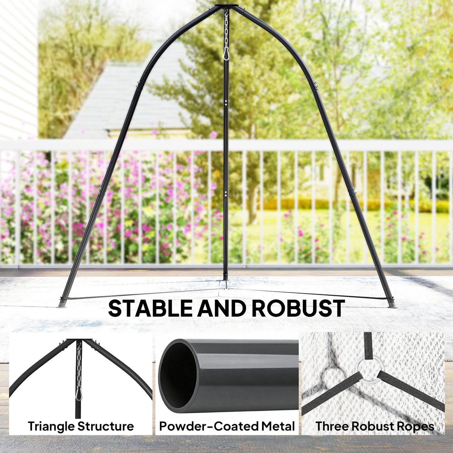 Outsunny Tripod Hammock Stand With Chain For Hanging Chair Adjustable Height 150 Kilogram Capacity Weatherproof Black