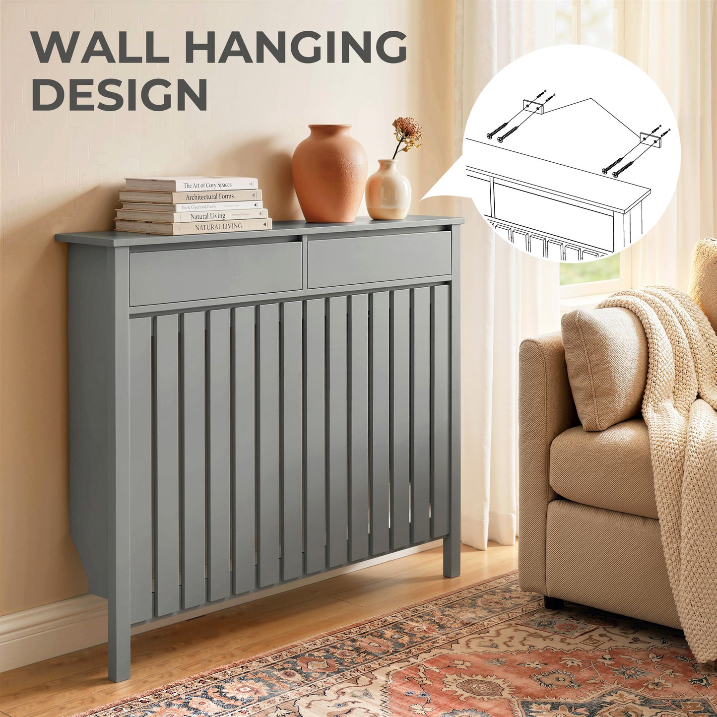 HOMCOM 93 x 119 Cm Modern Slim Radiator Cover Grey With Vertical Slats MDF Panel For Safe Heat Flow
