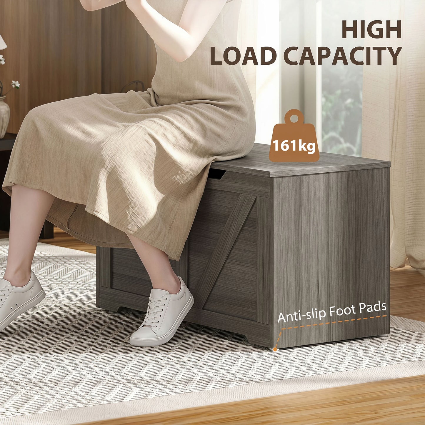 HOMCOM 127L Storage Chest With Safety Hinges And Seat Dark Grey Wood Effect For Living Room Or Bedroom