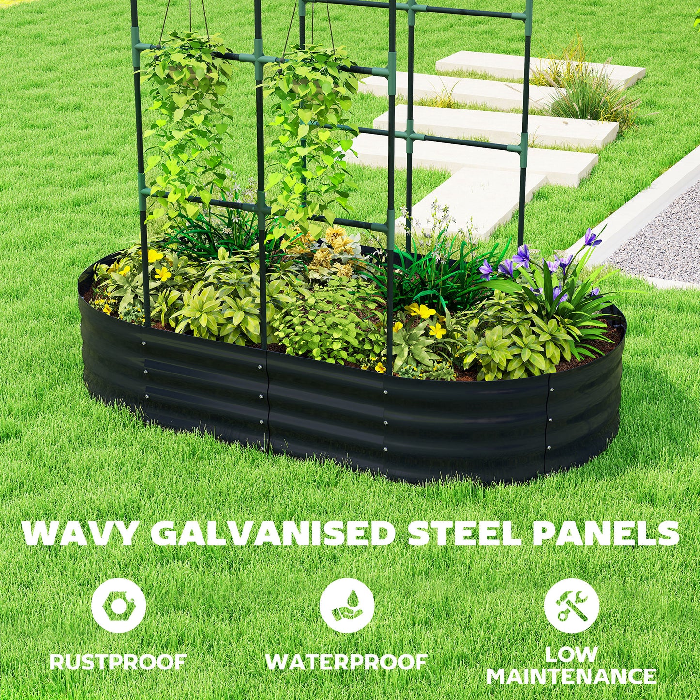 Outsunny Galvanised Raised Garden Bed With Arched Trellis 5 x 3 x 6ft Open Bottom Dark Grey