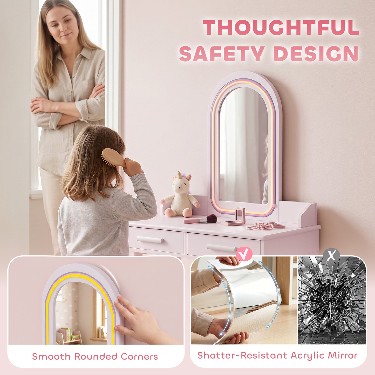 AIYAPLAY Kids Dressing Table And Stool Set With LED Mirror Three Colour Lights Pink For Ages 3 To 8