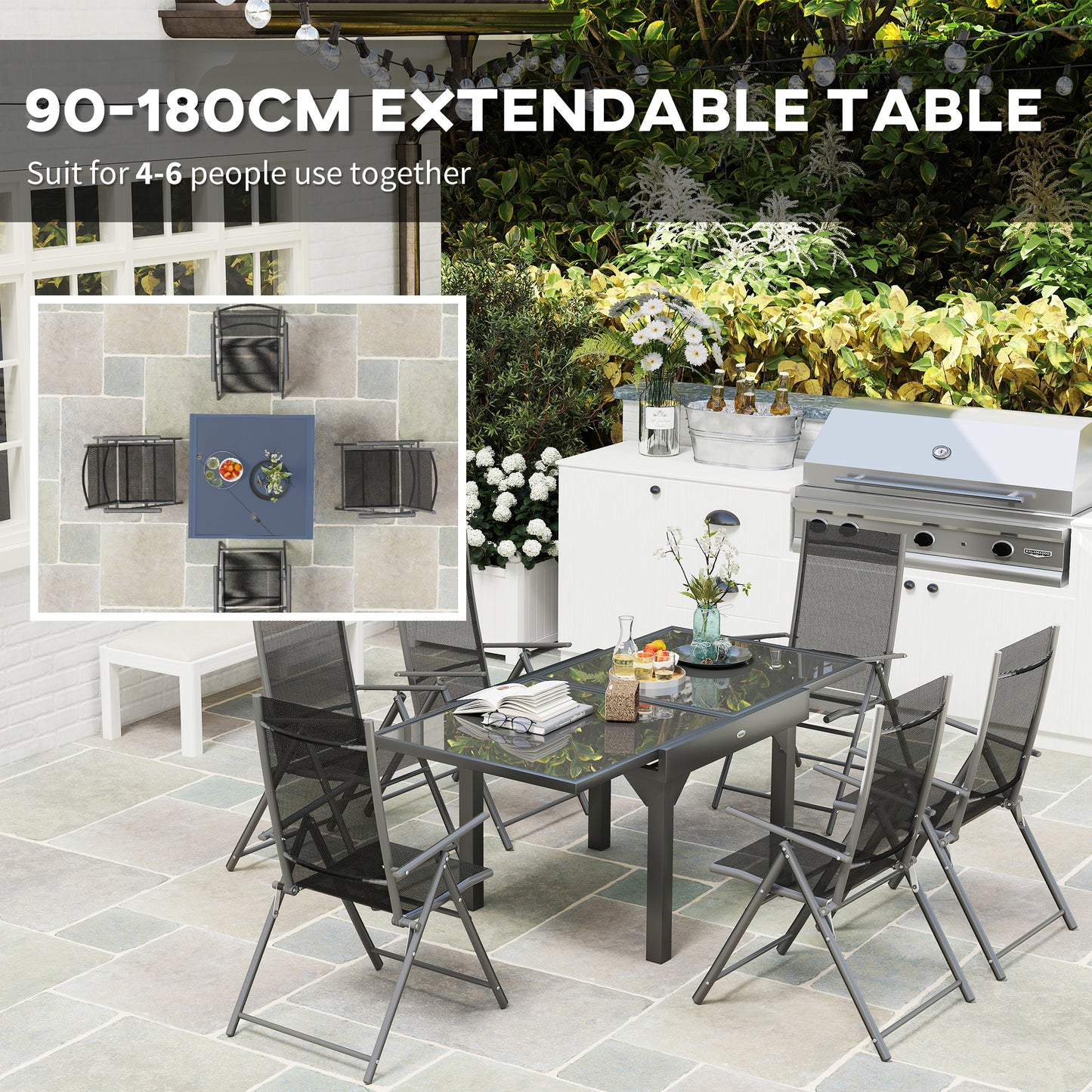 Outsunny 7 Piece Outdoor Dining Set With Extendable Table And 6 Folding Chairs For Patio Balcony Deck Grey