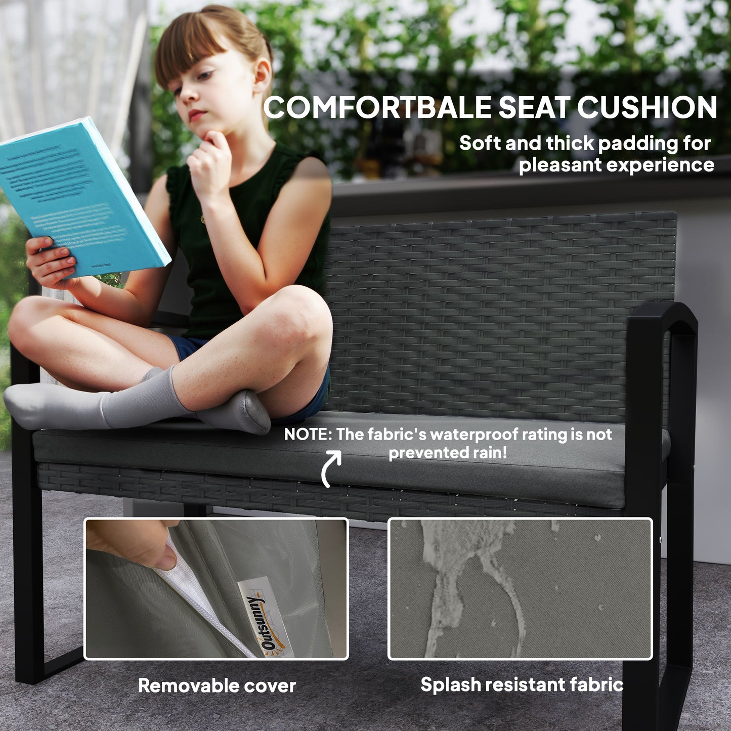 Outsunny Two Seater Rattan Garden Bench with Cushioned Seat and Light Grey Finish