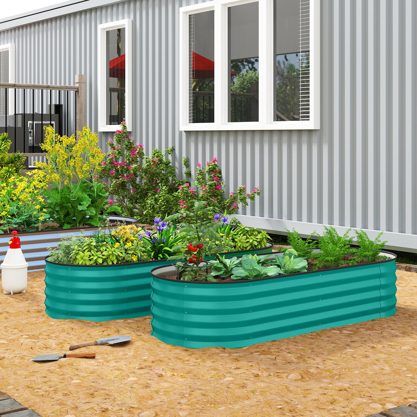 Outsunny Set of Two 150 x 60cm Galvanised Steel Planters in Green for Outdoor Gardens