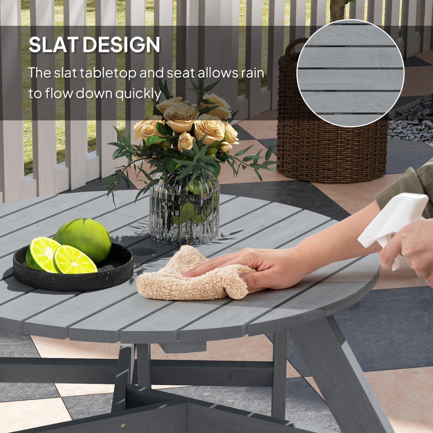 Outsunny Wooden Garden Dining Set 6 Seater Round Table With Matching Bench Parasol Hole Grey Outdoor Patio