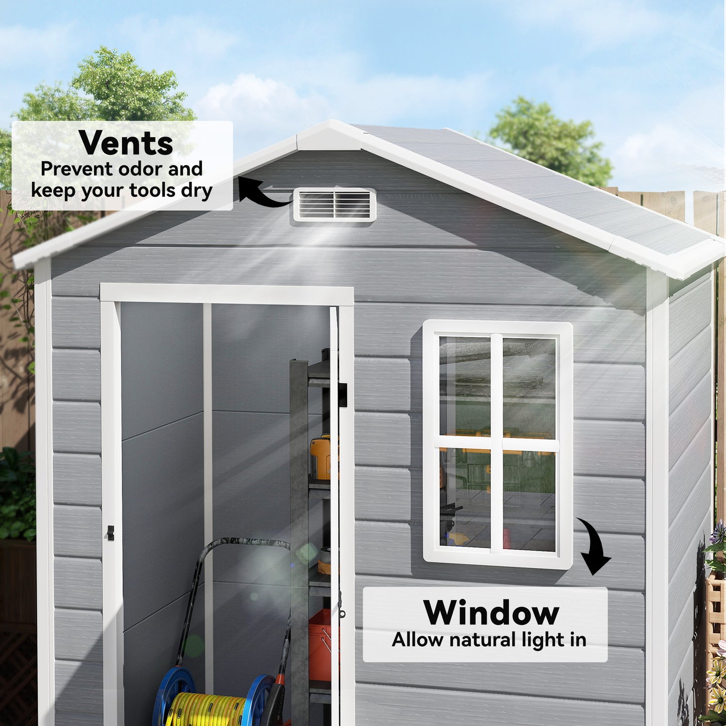 Outsunny 6 x 4ft Plastic Shed With Floor Wood Effect Resin Garden Shed With Window Lockable Door Vents All Weather Grey