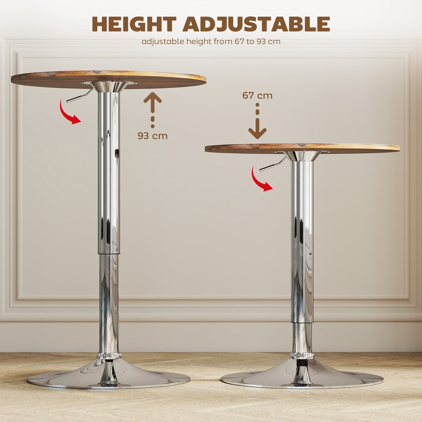 HOMCOM Round Bar Table With 360 Degree Swivel And Adjustable Height For Kitchen Cafe Rustic Brown