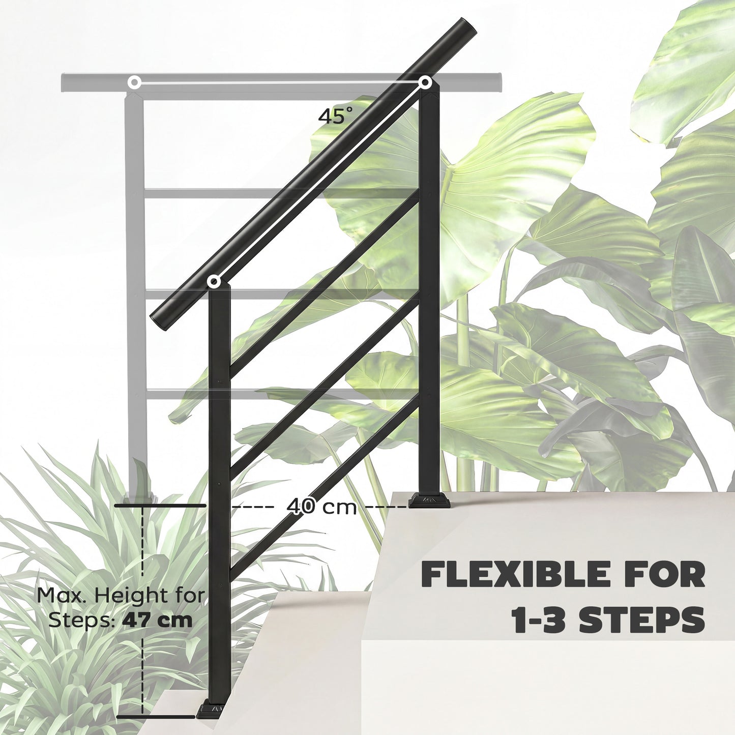 Outsunny Outdoor Handrail for Stairs Adjustable 0 to 45 Degrees Wrought Iron Exterior Stair Railing for 1 to 3 Steps