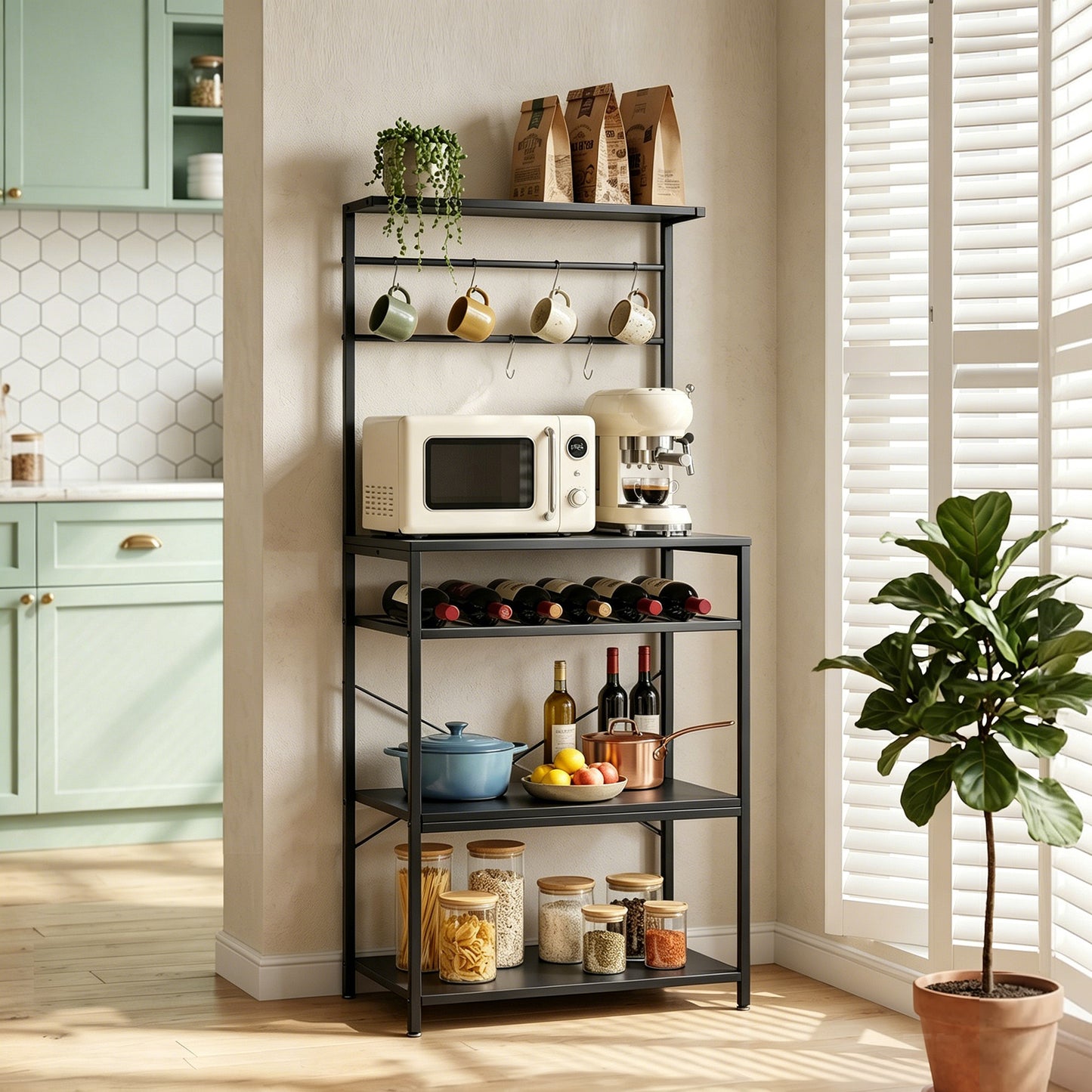 HOMCOM Freestanding Shelving Unit With Wine Rack And Six Hooks For Living Room Five Tier X Frame Design Black