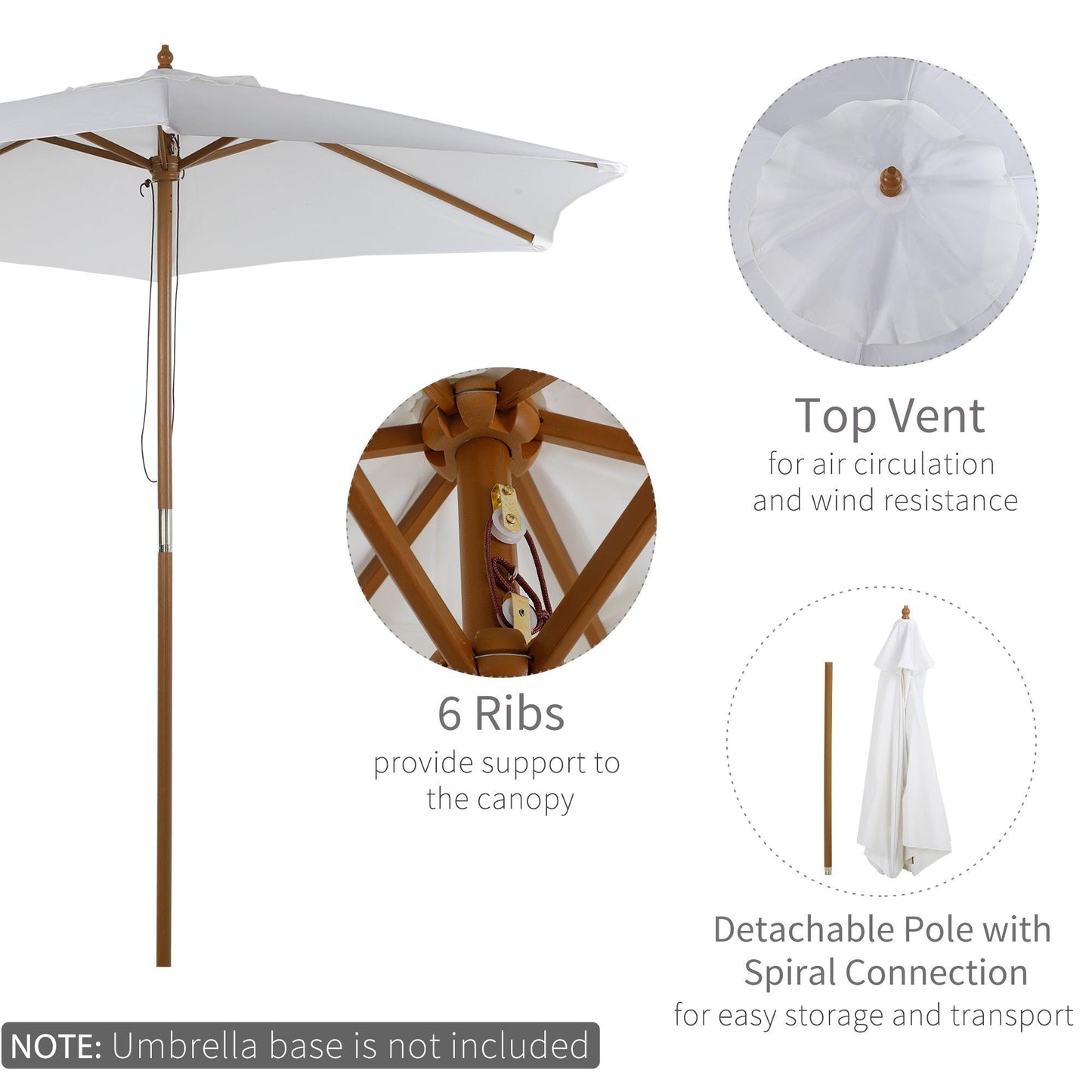 Outsunny 2.5m Patio Umbrella, Wood Garden Parasol, Sun Shade with 6 Ribs and Top Vent for Outdoor, White - ALL4U RETAILER LTD