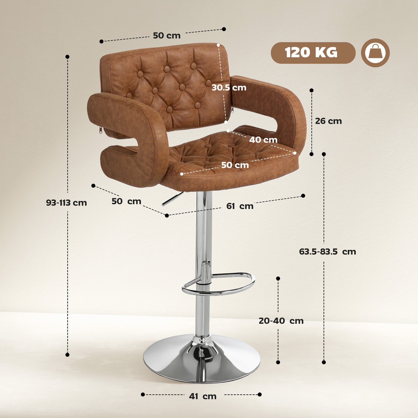 Homcom PU Leather Swivel Bar Stool With Back And Armrest Height Adjustable Footrest Brown Chrome Base