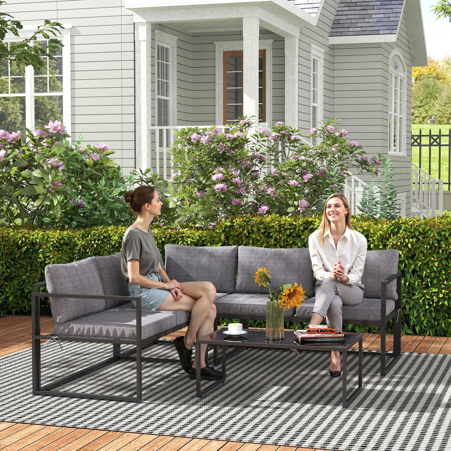 Outsunny L Shaped Garden Furniture Set With Cushions Three Piece Outdoor Patio Sofa Loveseat And Coffee Table In Grey