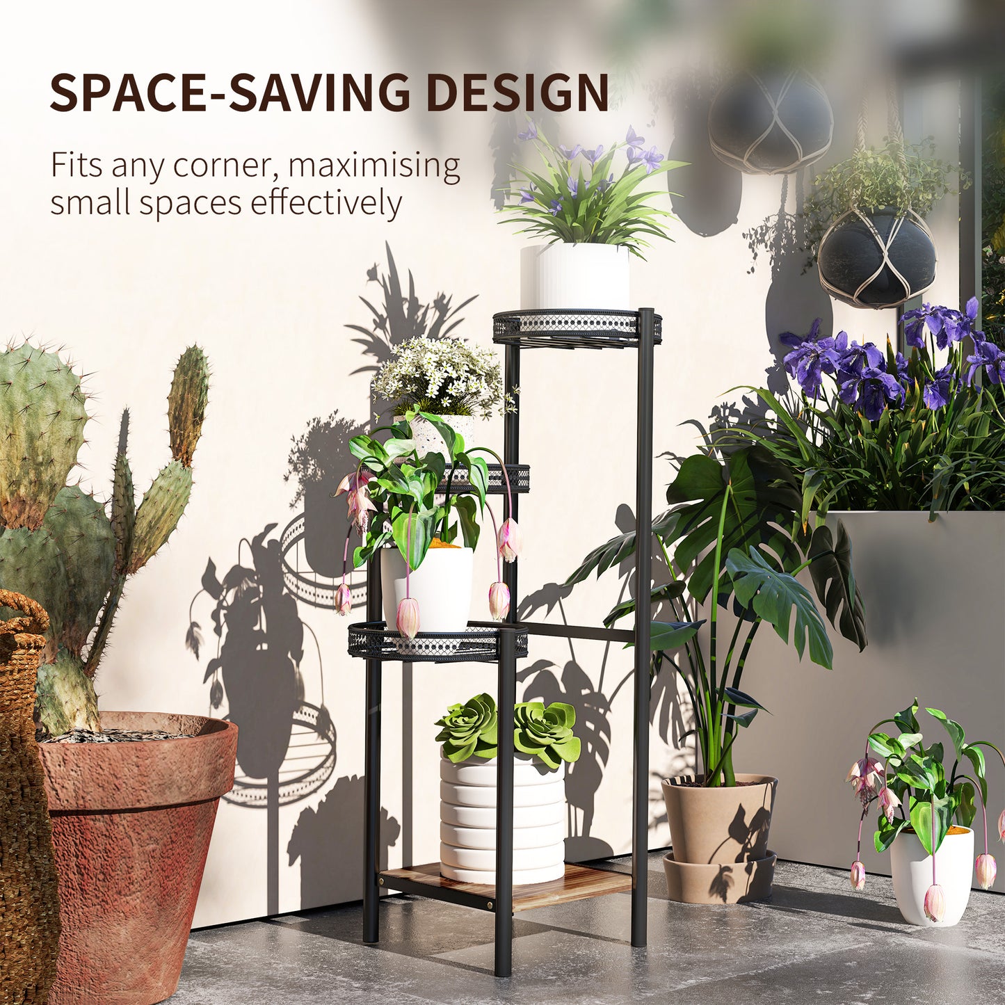 Outsunny Four Tier Steel Plant Stand Black Indoor Outdoor Rust Resistant With Three Planter Trays