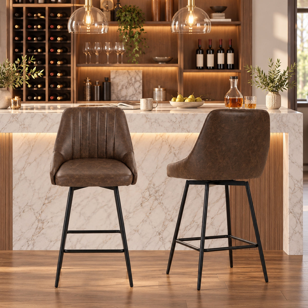 Pair of dark brown counter-height bar stools with PU leather-style seats and black frames