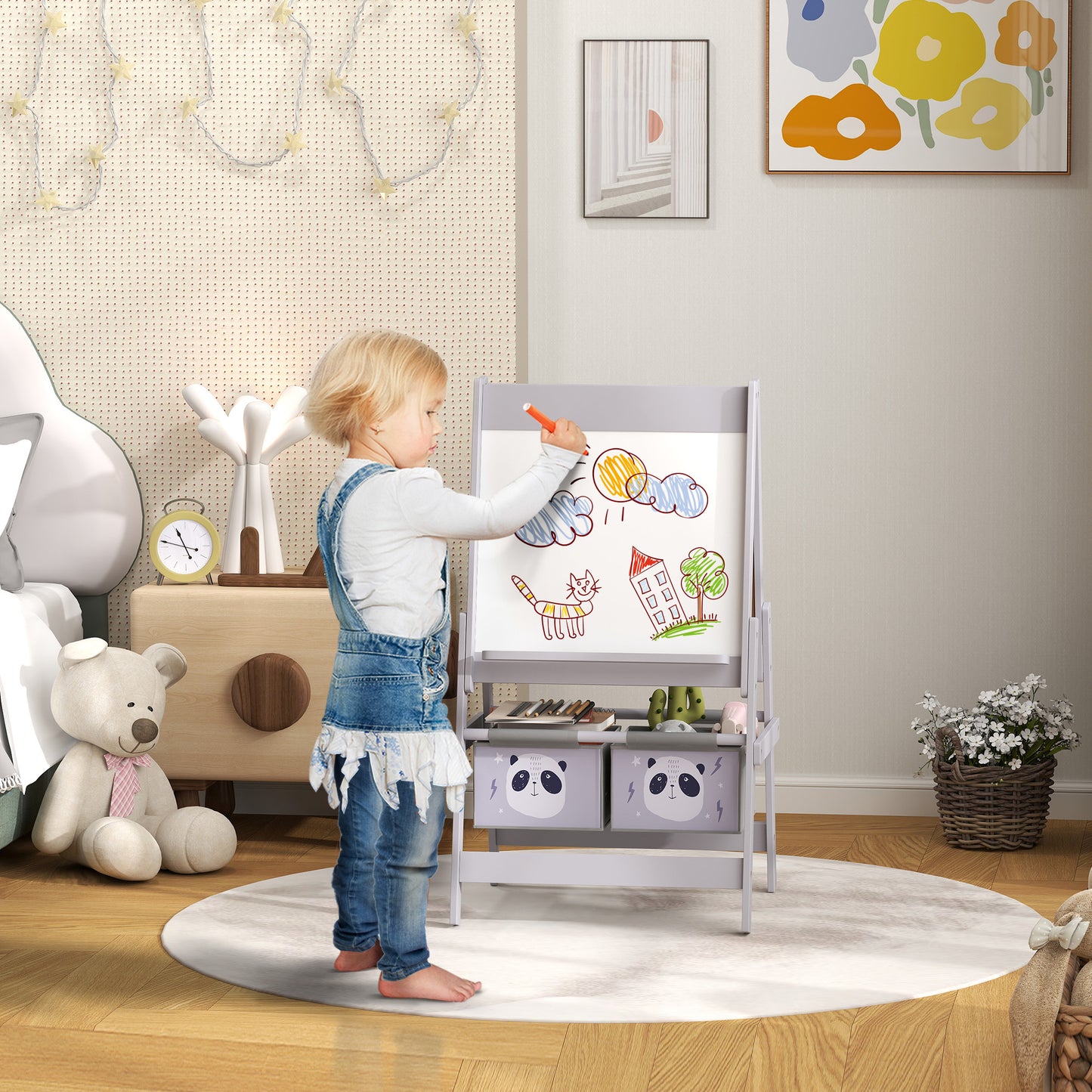 AIYAPLAY 3 In 1 Kids Easel With Paper Roll And Storage Blackboard Whiteboard Art Easel For Creative Play Grey