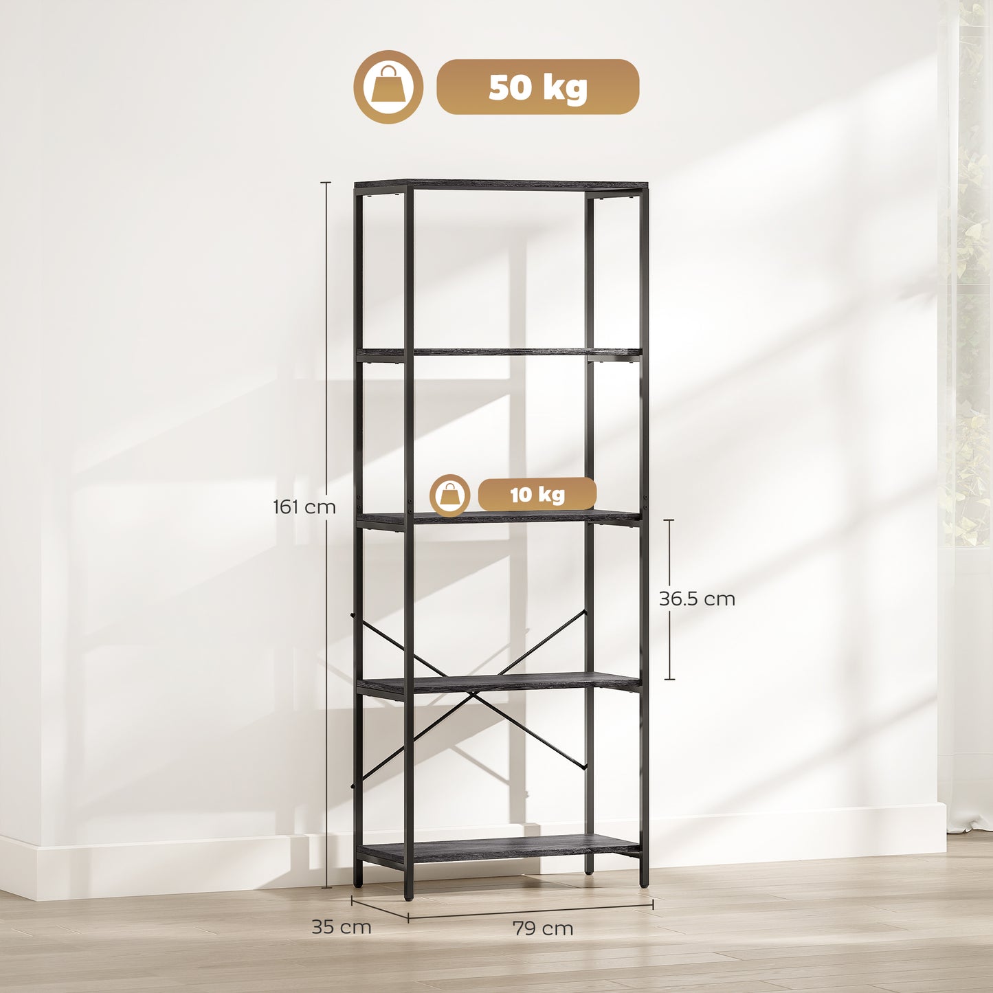 HOMCOM 5 Tier Bookshelf Industrial Bookcase With Metal Frame Black And Dark Wood Effect