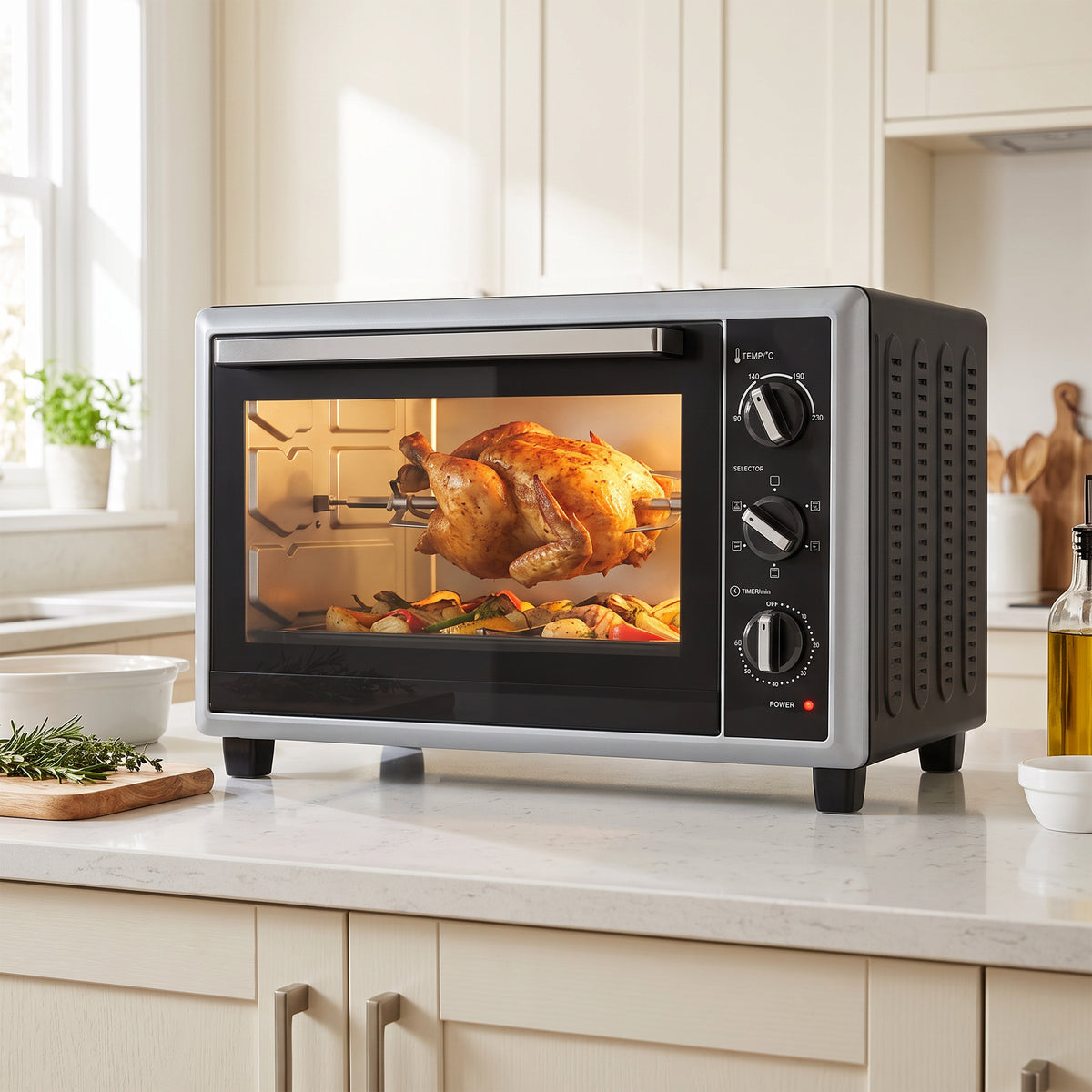 36L countertop convection mini oven with rotisserie, glass door and three control knobs