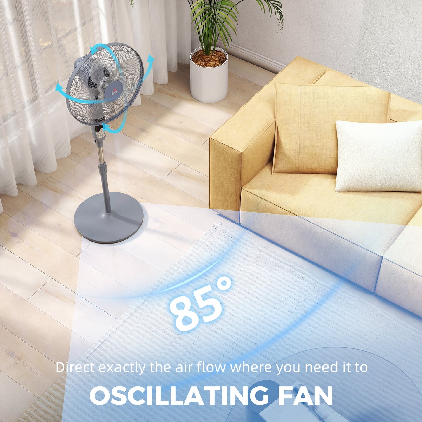 HOMCOM 16 Inch Pedestal Standing Floor Fan With Remote Control 85 Degree Oscillation 3 Speed Settings Grey