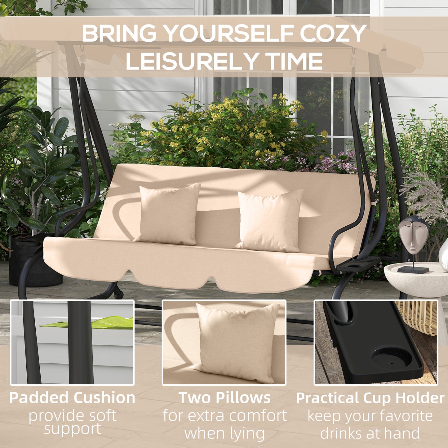 Outsunny Three Person Garden Swing Chair With Adjustable Canopy Light Brown Cushioned Seat For Relaxation
