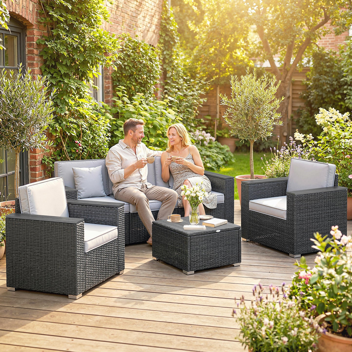Outsunny 5 Seater Rattan Garden Furniture Set With Wide Armrests Cushions Pillows For Patio Dark Grey