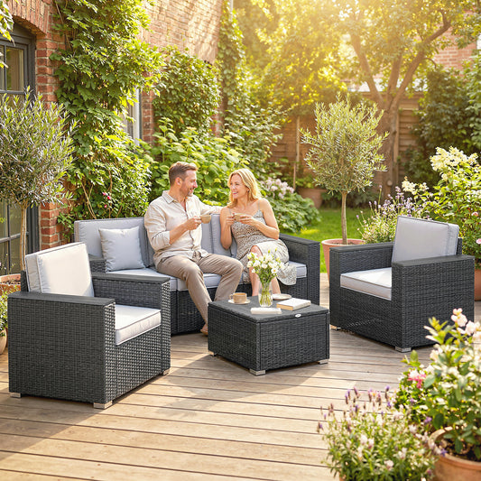 Outsunny 5 Seater Rattan Garden Furniture Set With Wide Armrests Cushions Pillows For Patio Dark Grey