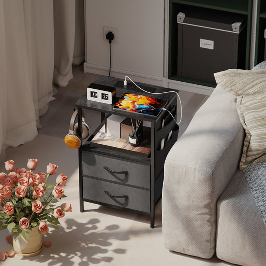 HOMCOM Bedside Table With Charging Station And USB Ports Black Nightstand With Storage