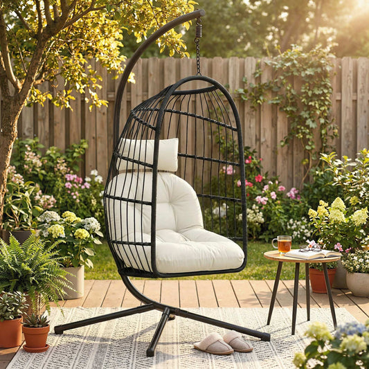 Outsunny Hanging Egg Chair With Stand For Indoor Outdoor Use Height Adjustable Cushioned Back Black Cream White