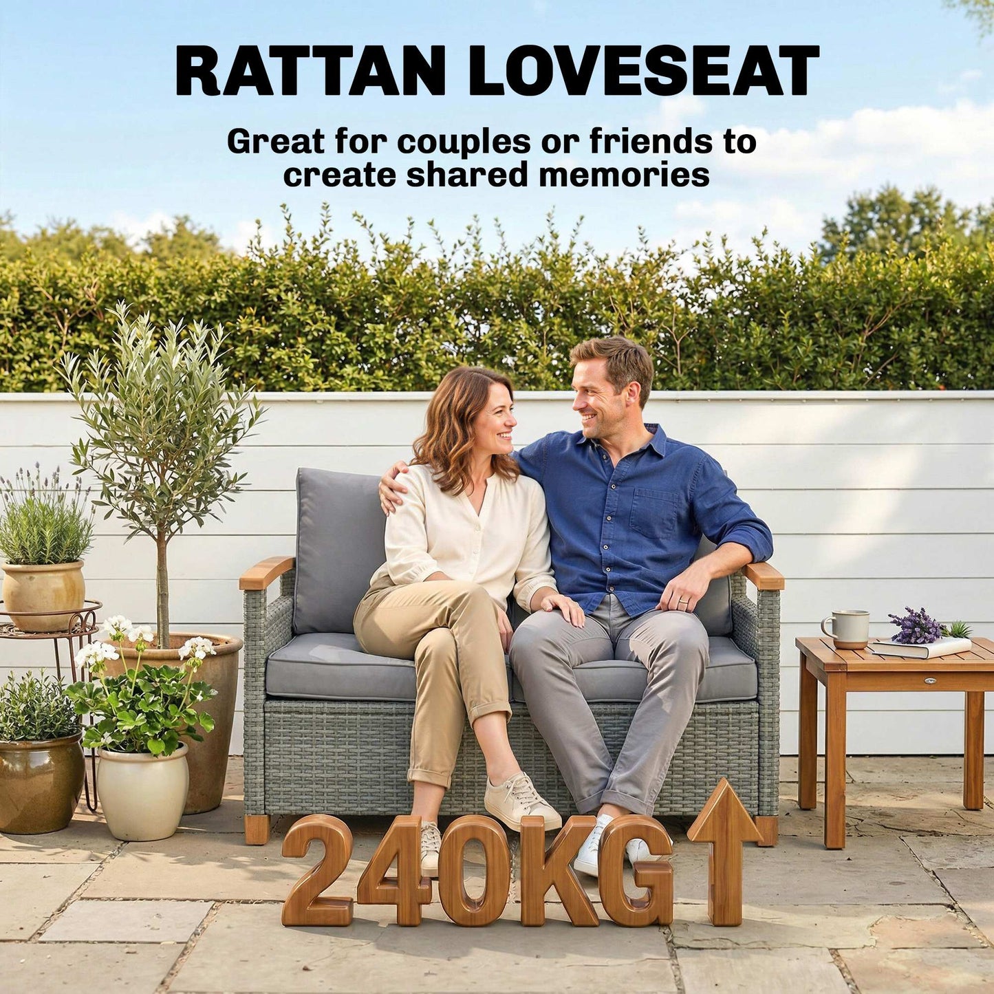 Outsunny Two Seater Rattan Garden Sofa Outdoor Sofa With Thick Cushions And Acacia Wood Armrests Dark Grey