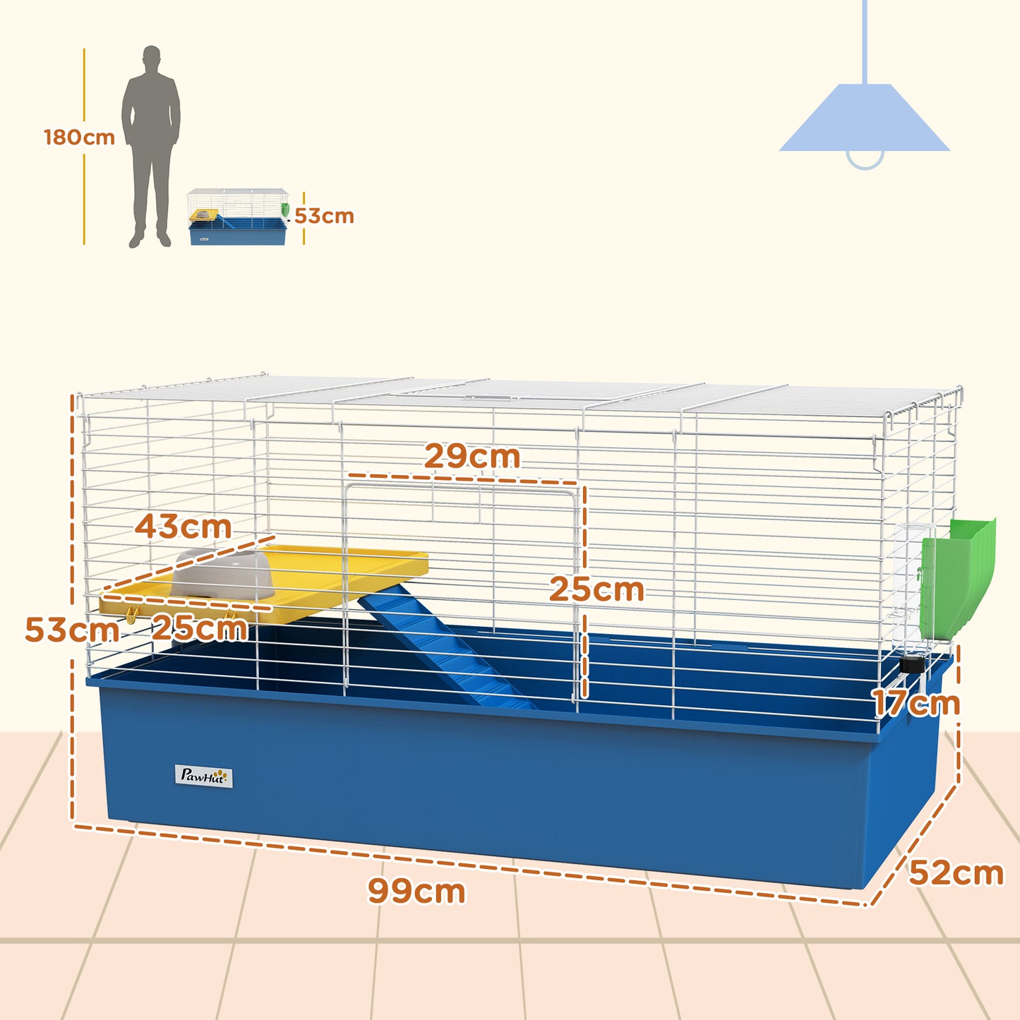 PawHut Blue Small Animal Habitat for Chinchillas, Rabbits, and Guinea Pigs with Ramp and Platform, 99 x 52 x 53cm - ALL4U RETAILER LTD