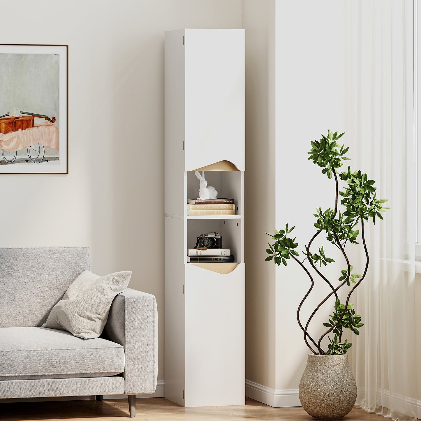HOMCOM Tall Slim White Bathroom Cabinet With Two Doors And Adjustable Shelves For Bathroom Storage