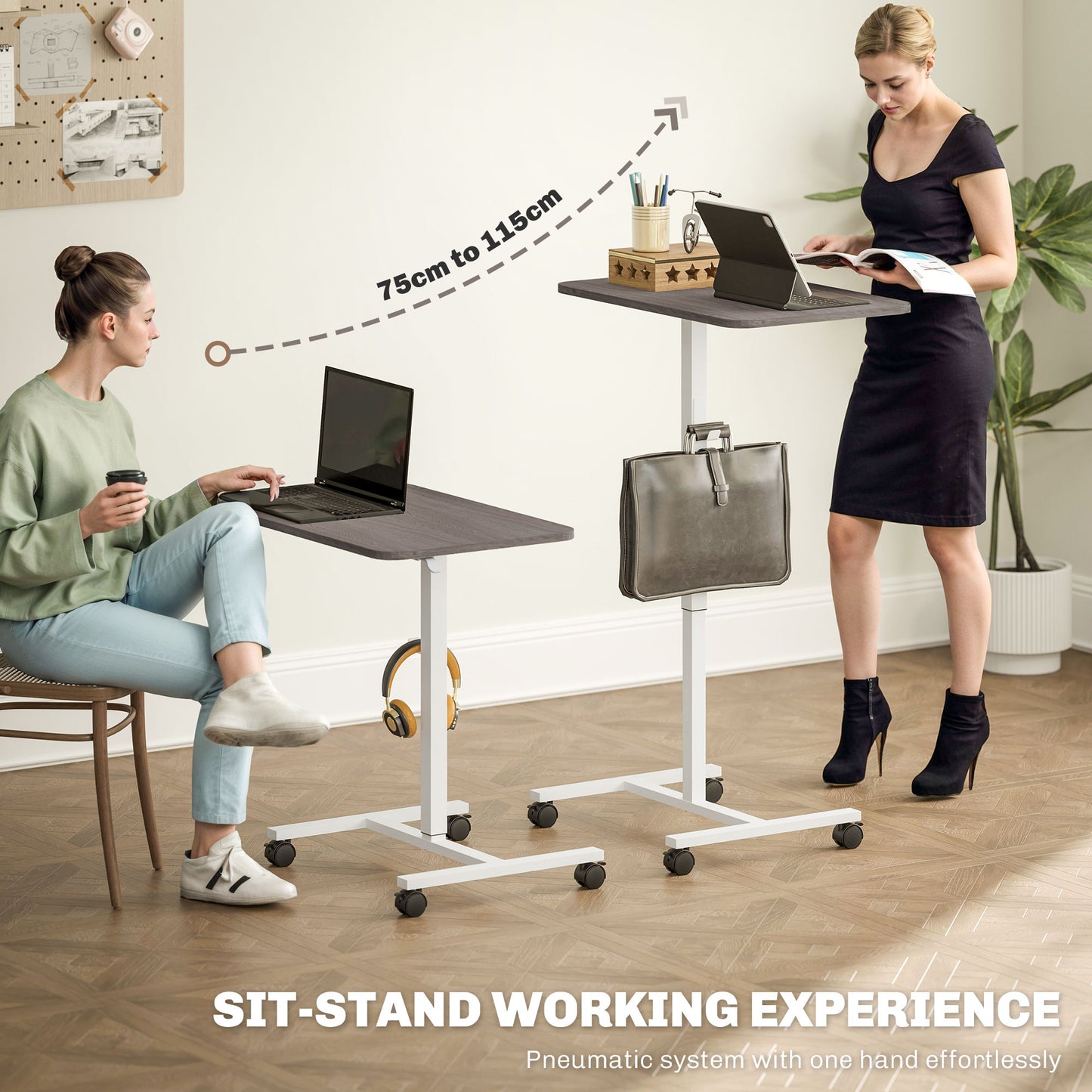 HOMCOM Adjustable White/Grey Sit-Stand Desk with Wheels - 75-115cm