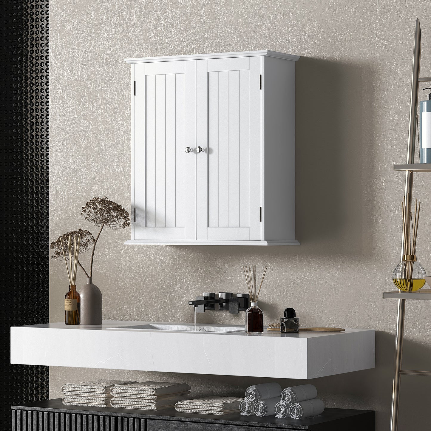 HOMCOM White Wall Mounted Bathroom Cabinet, 3 Tier Storage with Adjustable Shelf for Space Saving Organization